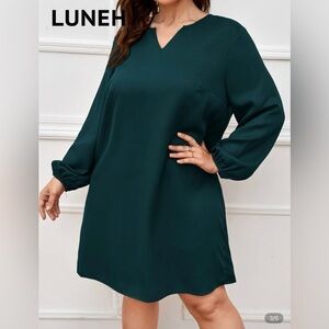 SHEIN Teal Bishop Sleeve V-Neck Dress